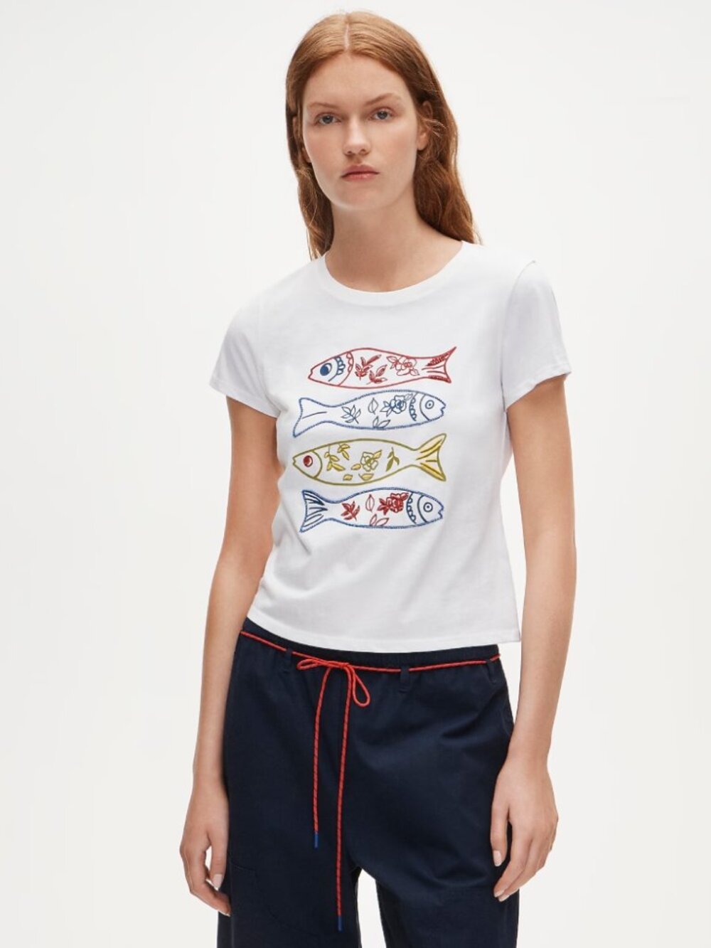 NWT J. Crew Broken-in-Jersey Sardine Graphic T-Shirt Beads White Cotton Size XS